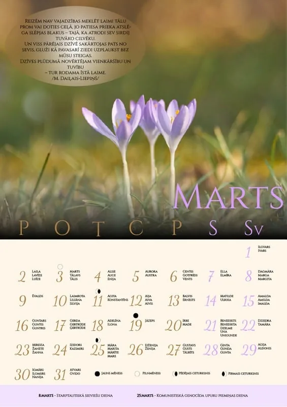 Calendar page for March with crocus flowers