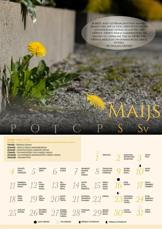 Calendar page for May with dandelions