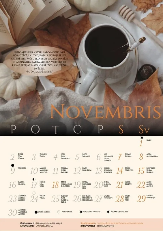 Calendar page for November with a cup of coffee