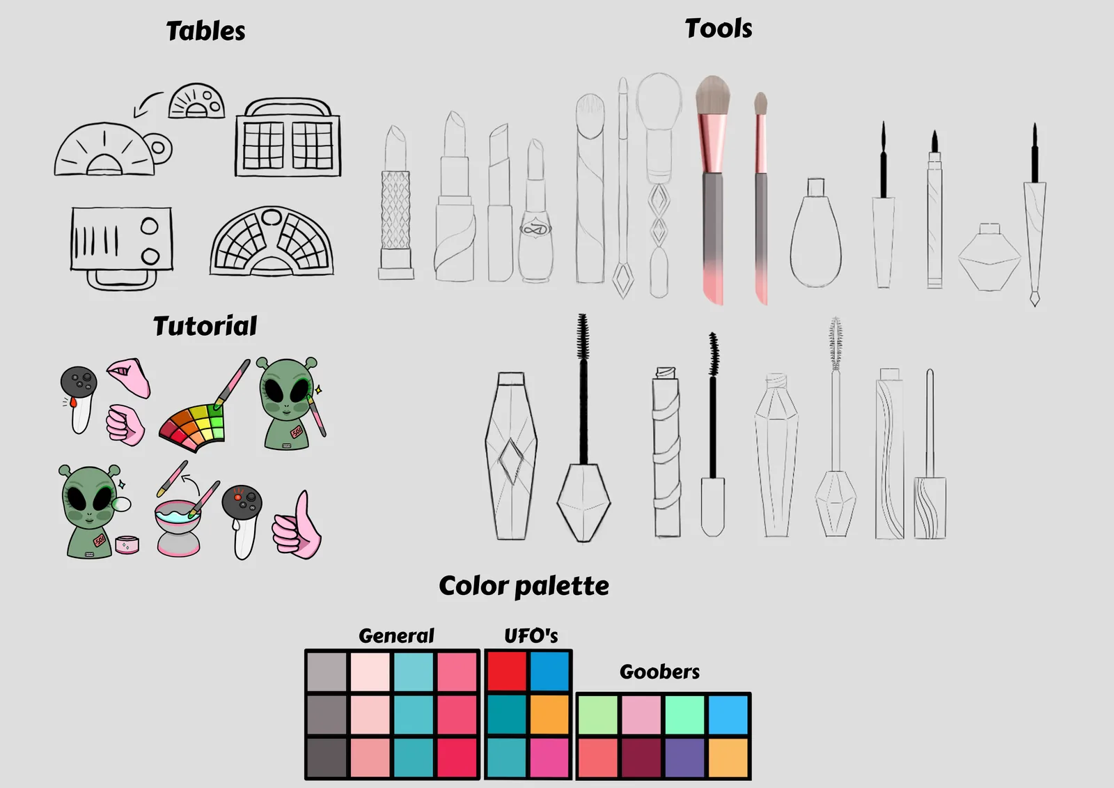 Concept sheet with the tables, tools, tutorial images and colour palette
