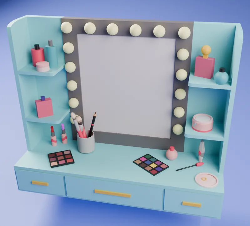 Light-blue vanity table with a lit mirror