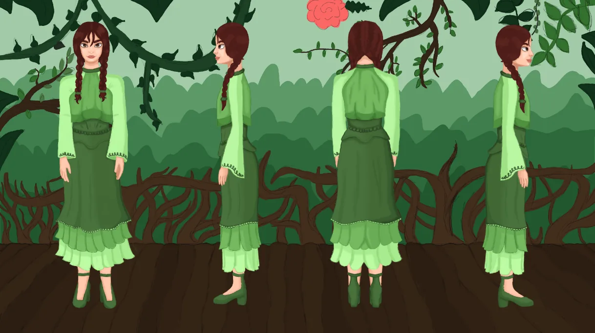 Character 1: front, side and back view