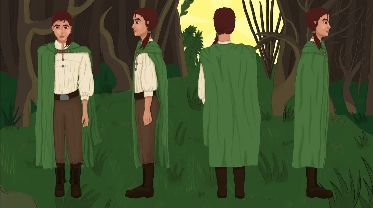 Character 2: front, side and back view